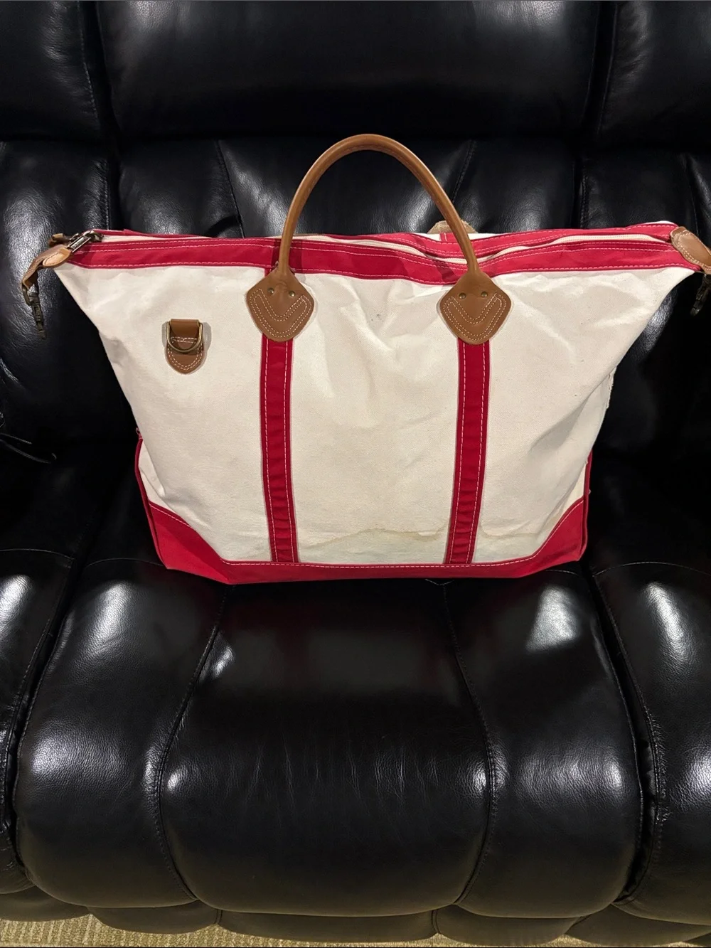 LL Bean Red & Cream Canvas Tote Bag with Leather Handles